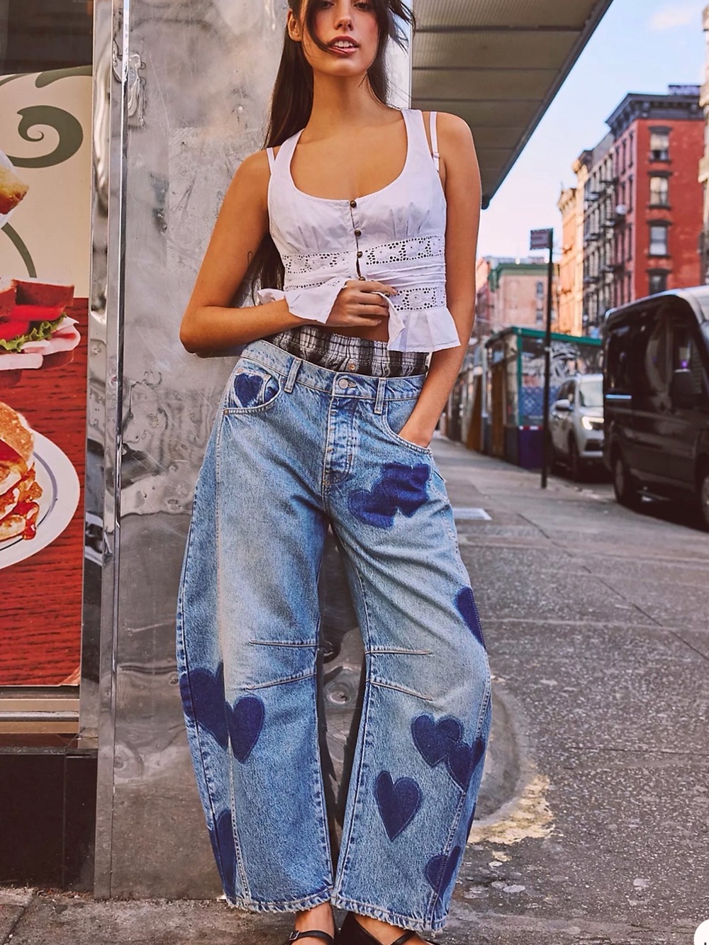 We The Free Light Blue Wide-Leg Jeans with Dark Blue Heart Patches - Picture 4 of 13
